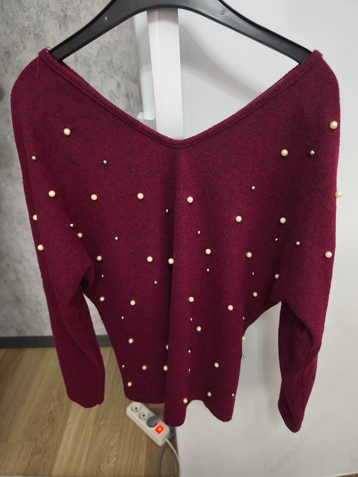 Bordo V Yakalı İnce Triko Kadın Kazak - Görsel 2