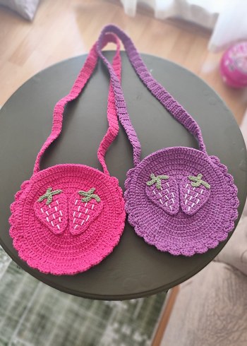 Beden pembe Renk Nakışlı Örgü Çilek Desenli Bohem Kız Çantası