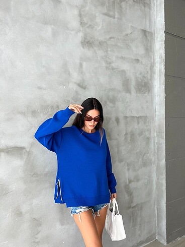 Zara Saks Mavisi Yanları Fermuarlı Triko Kazak