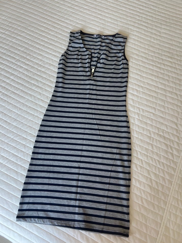 Fermuarlı Çizgili Gri lacivert elbise - Görsel 2