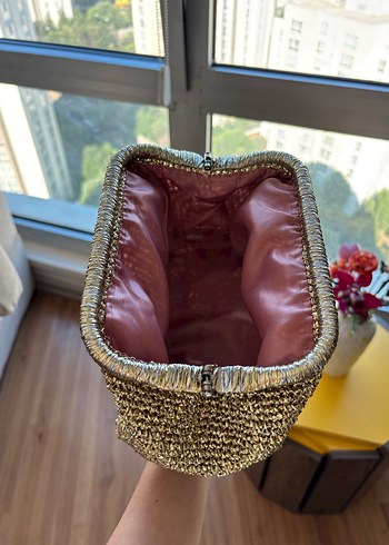 Beden altın Renk Parlak Gold Örgü Kadın Portföy Çanta