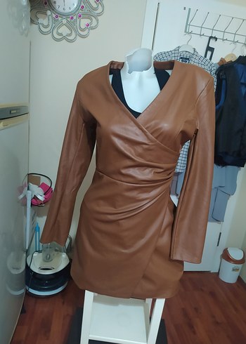 Kahverengi Deri Midi Elbise - Görsel 3