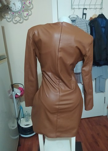 Kahverengi Deri Midi Elbise - Görsel 4