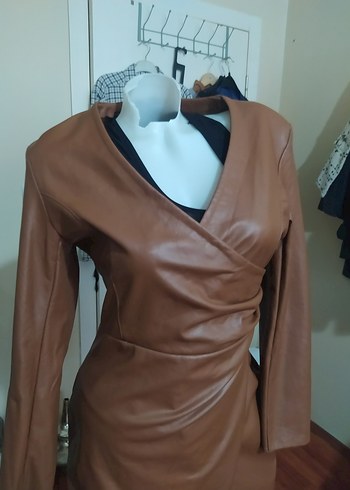 Kahverengi Deri Midi Elbise - Görsel 2