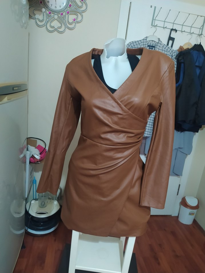 Kahverengi Deri Midi Elbise - Görsel 3