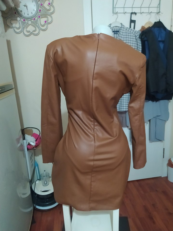 Kahverengi Deri Midi Elbise - Görsel 4