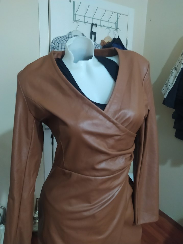 Kahverengi Deri Midi Elbise - Görsel 2