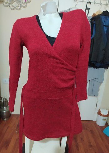 Kırmızı V Yaka Triko Elbisesi - Görsel 5