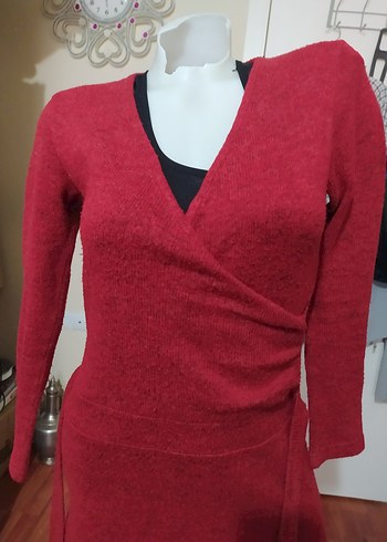 Kırmızı V Yaka Triko Elbisesi - Görsel 2