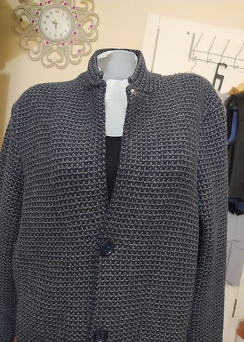 Gri Düğmeli Triko Midi Ceket - Görsel 3