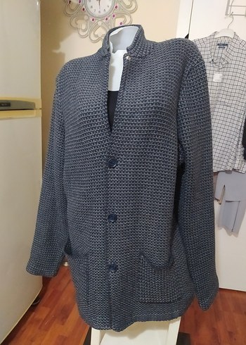 Gri Düğmeli Triko Midi Ceket - Görsel 2