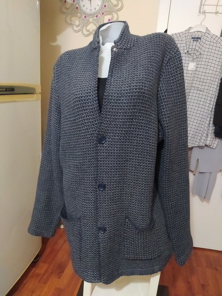 Gri Düğmeli  Triko Midi Ceket - Görsel 2