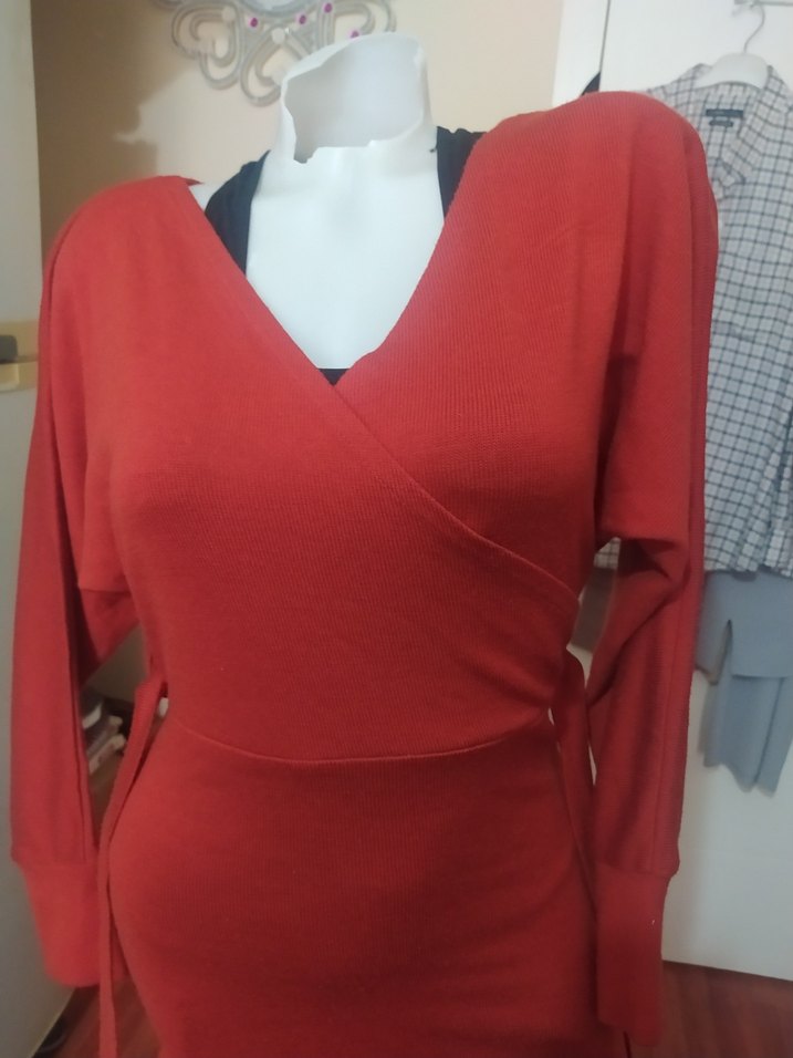 Kemerli Uzun Kollu V Yaka Triko Elbise - Görsel 4