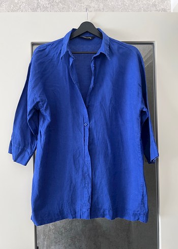 Düğmeli Mavi Keten Kadın Gömlek - Görsel 4