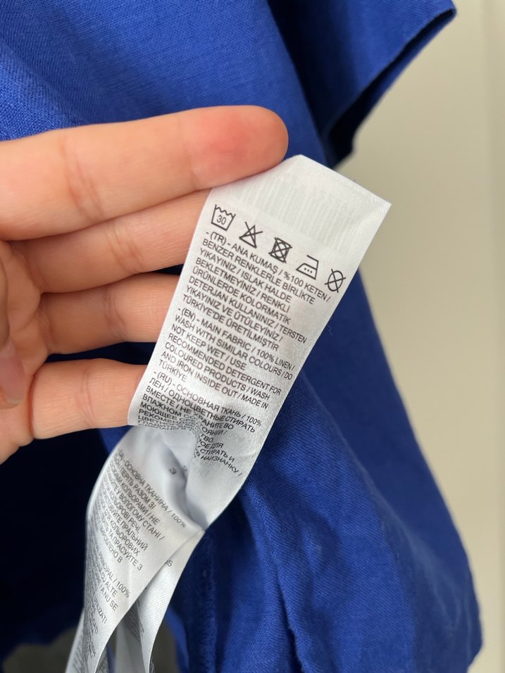 Düğmeli Mavi Keten Kadın Gömlek - Görsel 5