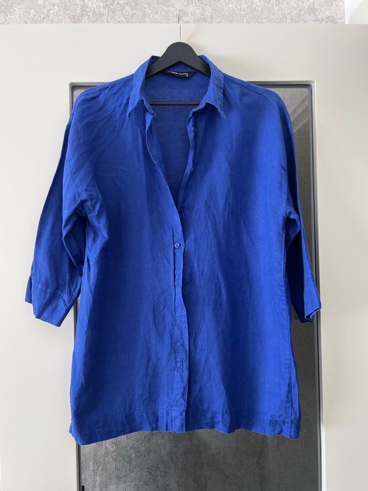 Düğmeli Mavi Keten Kadın Gömlek - Görsel 4