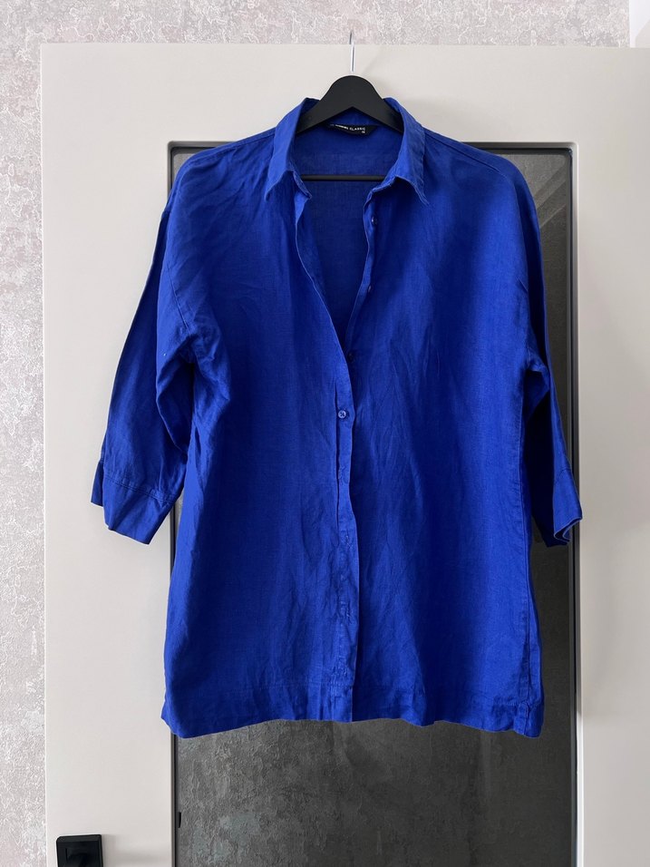 Düğmeli Mavi Keten Kadın Gömlek - Görsel 2