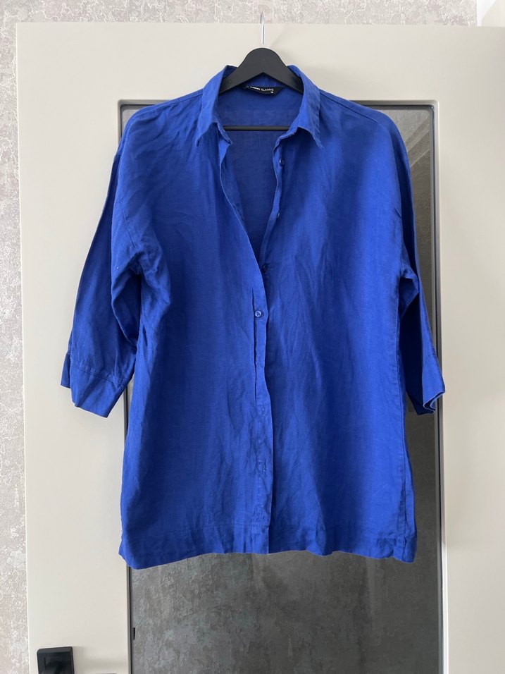 Düğmeli Mavi Keten Kadın Gömlek - Görsel 3