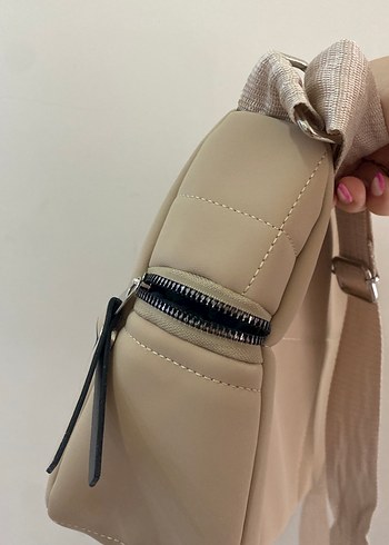 Dikişli Bej Deri Kadın Çanta - Görsel 3