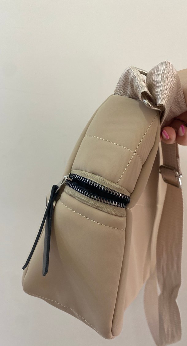 Dikişli Bej Deri Kadın Çanta - Görsel 3