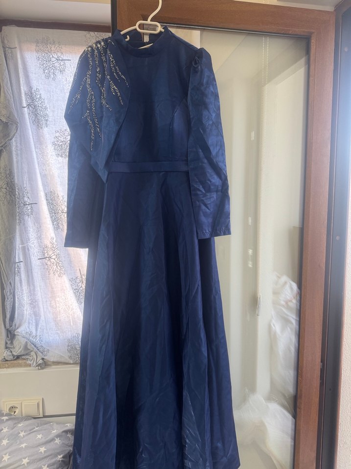 Uzun Kol Drapeli mavi  Abiye Elbise - Görsel 4