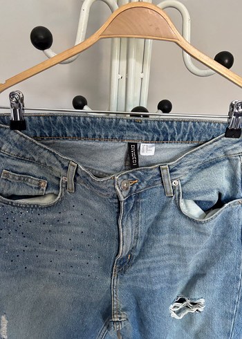 Kadın taş detayli Mavi Yırtık Bol Kesim Denim Pantolon - Görsel 5