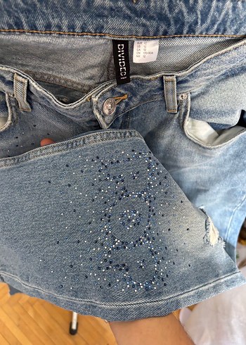 Kadın taş detayli Mavi Yırtık Bol Kesim Denim Pantolon - Görsel 3