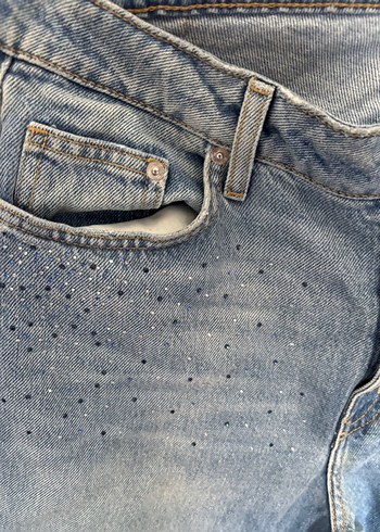 Kadın taş detayli Mavi Yırtık Bol Kesim Denim Pantolon - Görsel 2