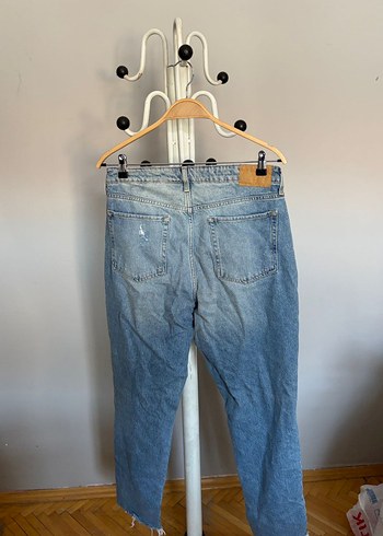 Kadın taş detayli Mavi Yırtık Bol Kesim Denim Pantolon - Görsel 4