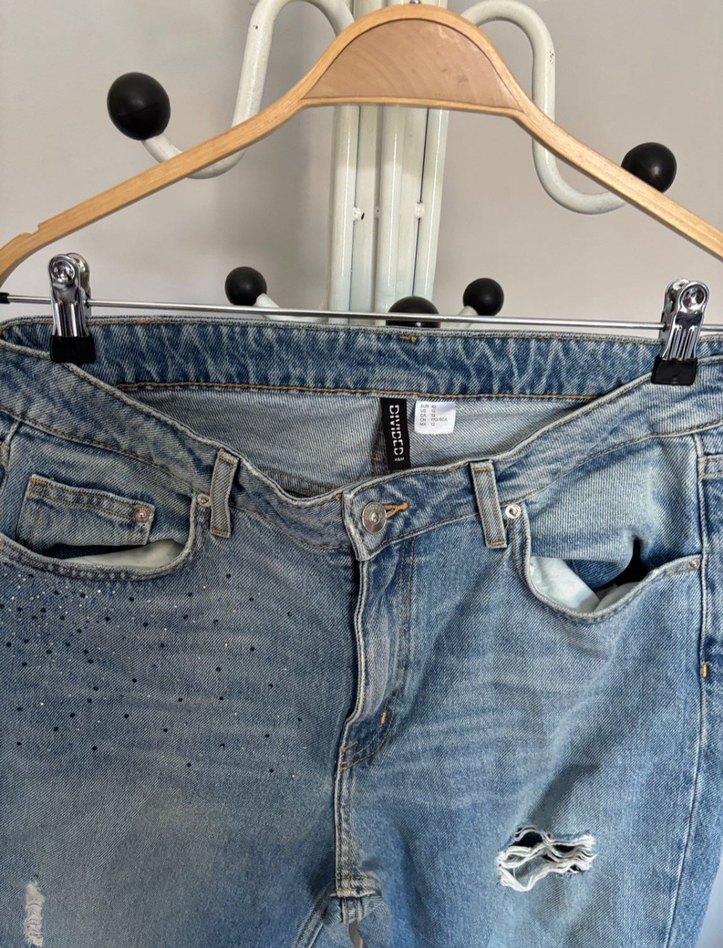 Kadın taş detayli Mavi Yırtık Bol Kesim Denim Pantolon - Görsel 5