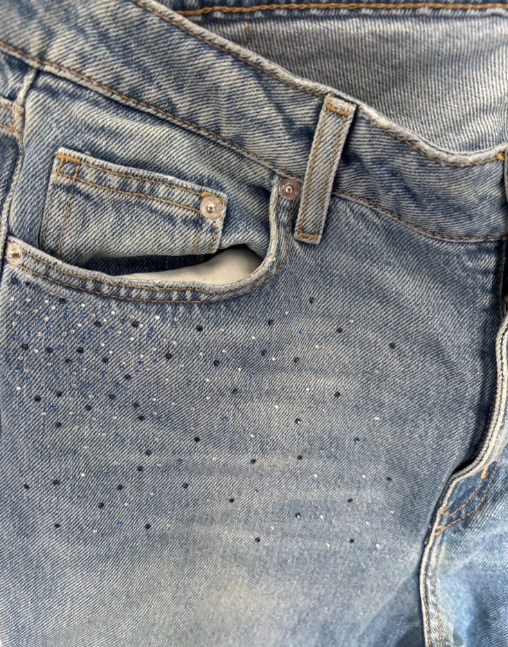 Kadın taş detayli Mavi Yırtık Bol Kesim Denim Pantolon - Görsel 2