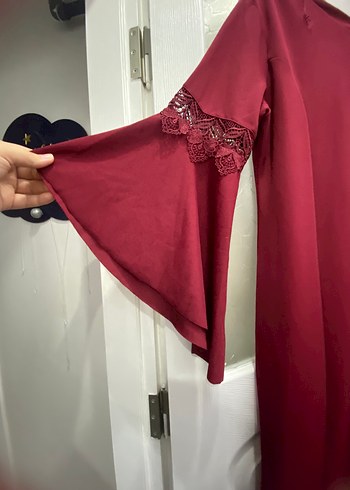 48 Beden Bordo V Yakalı Uzun Kollu Kadın Elbise