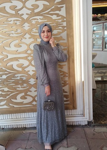 xl Beden Gri Desenli küçük taşlı şık abiye uzun