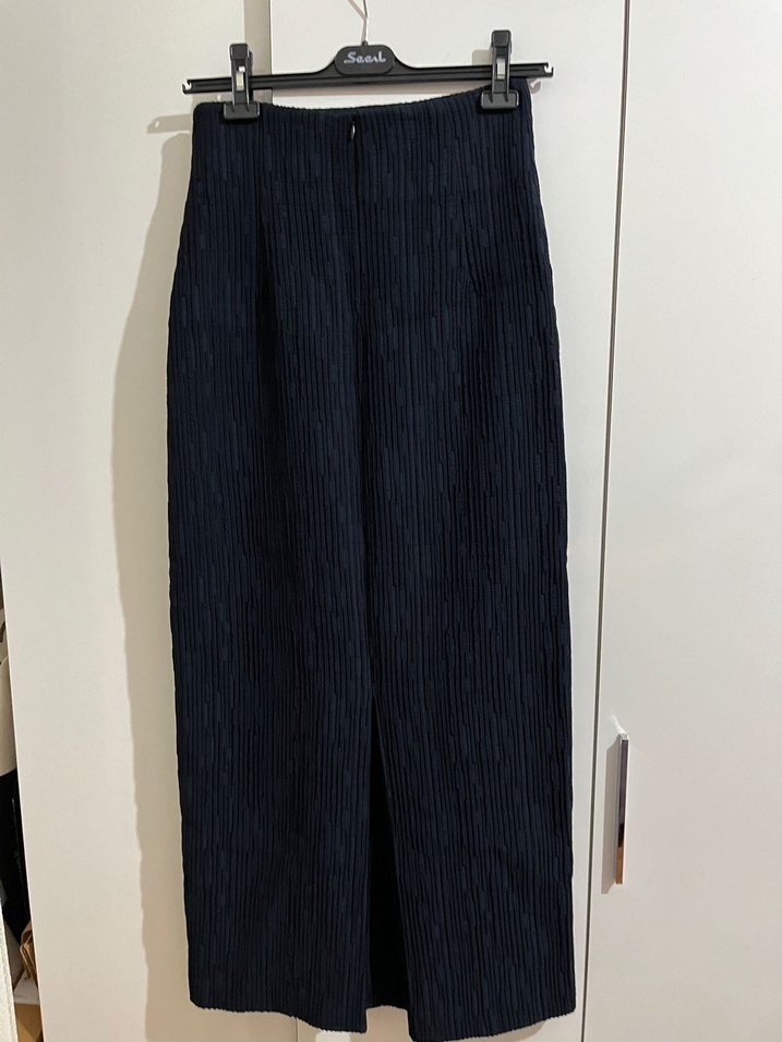 Seçil Lacivert Kadın Uzun Pilili Keten Etek - Görsel 3