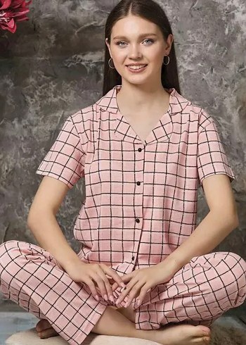 Pembe Ekose Desenli Kısa Kollu Kadın Pijama Takımı