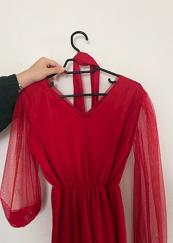 Kırmızı V Yakalı Midi Kadın Elbise - Görsel 2