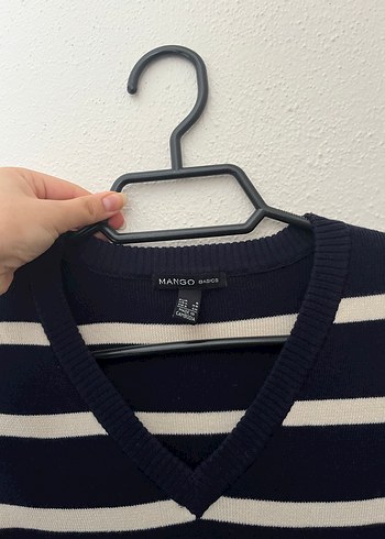 Çizgili V Yakalı Lacivert Triko Elbise - Görsel 3