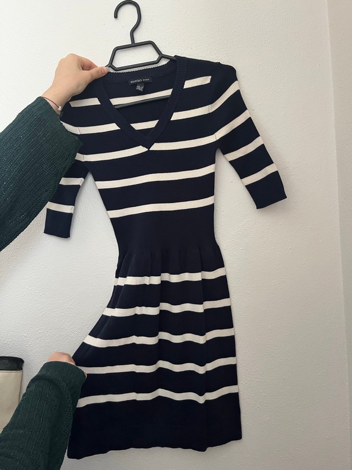 Çizgili V Yakalı Lacivert Triko Elbise - Görsel 2