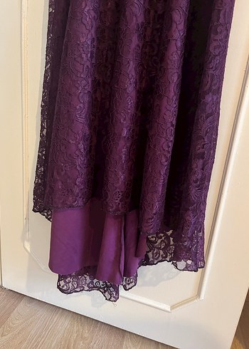 Mor Uzun Kollu Nakışlı Dantelli Kadın Elbise - Görsel 3