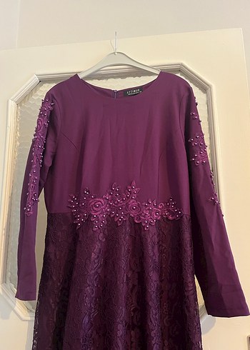Mor Uzun Kollu Nakışlı Dantelli Kadın Elbise - Görsel 2