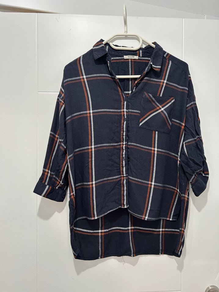 Mudo Düğmeli Koyu Kareli Pamuklu Kadın Gömlek - Görsel 3