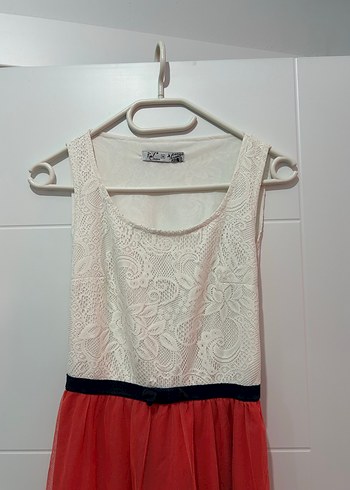 Dantel Üstü Kırmızı Tül Etekli Midi Elbise - Görsel 7