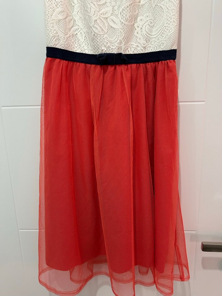 Dantel Üstü Kırmızı Tül Etekli Midi Elbise - Görsel 2