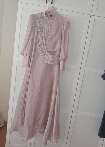Pudra pembesi uzun tesettür abiye elbise - Görsel 2