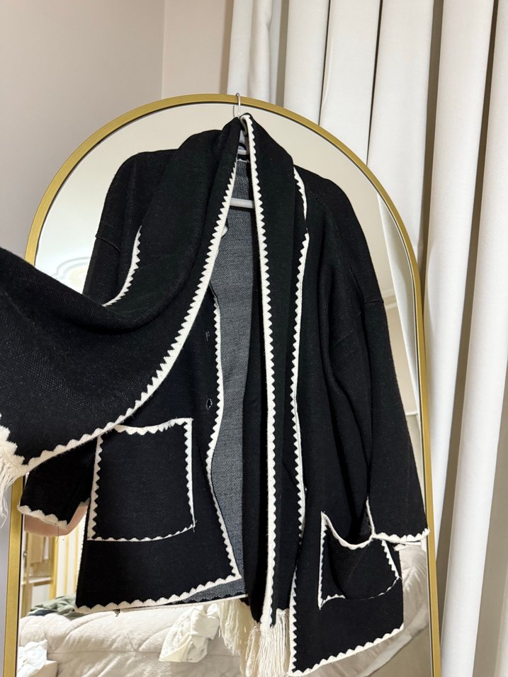 Püsküllü, Nakışlı Siyah Bohem Şal detaylı kaban - Görsel 4
