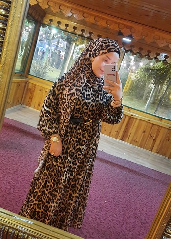 Uzun Leopar Desenli Bohem Elbise - Görsel 8