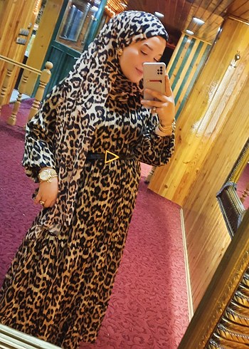 Uzun Leopar Desenli Bohem Elbise - Görsel 6