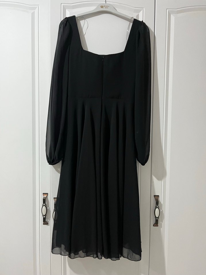 Siyah Uzun Kollu kemerli Kadın Elbise - Görsel 2