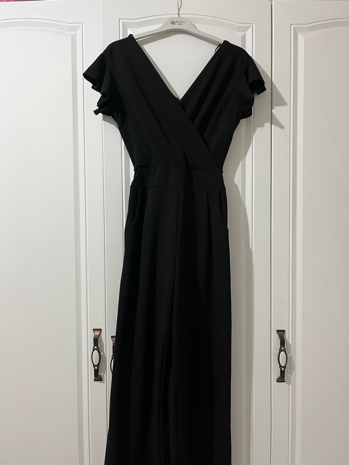 Siyah V Yaka Uzun Kadın Tulum - Görsel 2