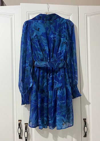 Mavi Kemerli Uzun Kollu Mini Elbise - Görsel 2